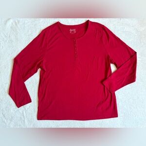 Denim & Co. Essentials LARGE Long Sleeve Crew Neck Stretch Henleys Red